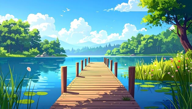 Serene lake landscape with wooden dock - Powered by Adobe