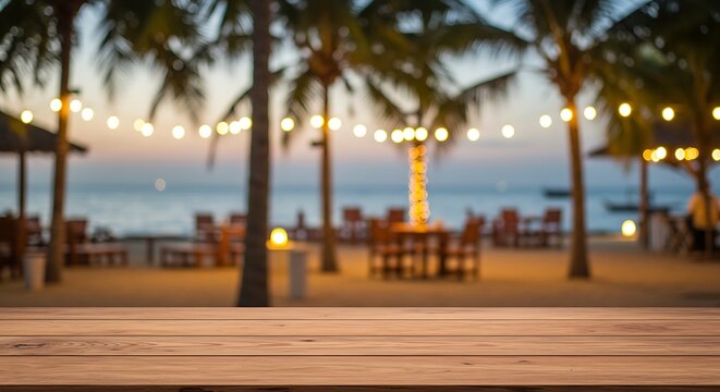 A relaxing evening on a wooden table at a beachside restaurant under glowing string lights - Powered by Adobe