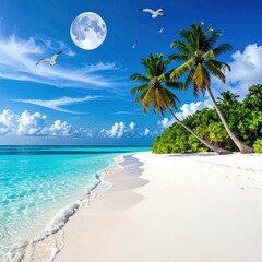 Tropical beach with palm trees, white sand, turquoise water, seagulls, a full moon, under a bright blue cloudy sky