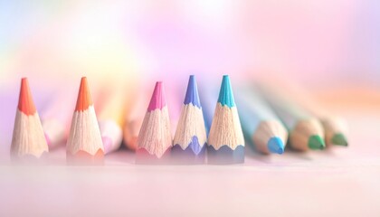 Row of artist coloring pencils with vibrant tips & soft pastel background creates a whimsical & creative atmosphere
