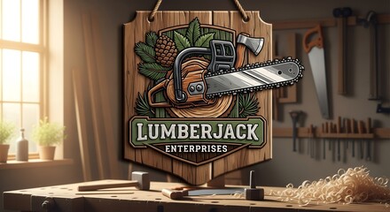 Wooden Workshop with Detailed Chainsaw Axe and Pinecone Logo on Rustic Wall with Natural Light