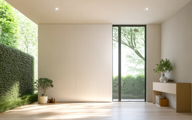 Fototapeta premium Modern interior space with large windows and greenery offering natural light in a serene setting