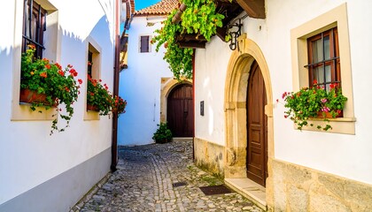 Naklejka premium Picturesque alleyway with whitewashed buildings and flower boxes