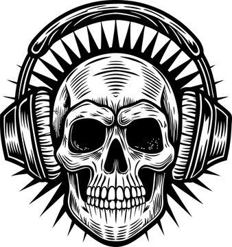 Grunge skull with headphones illustration edgy monochrome design, punk music motif, spiked halo, bold line art for alternative