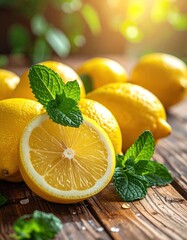 Vibrant lemons and mint sprigs rest on rustic wooden planks under a sunlit canopy, evoking freshness and natural beauty