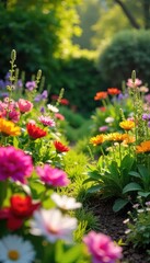 Vibrant, colorful patch garden bursting with blooming flowers and lush greenery in a sunny backyard  Perfect for gardening, nature, and spring themes ,  sustainable,  natural,  vibrant colors
