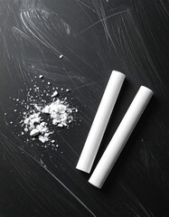 Two white chalk sticks lie beside spilled chalk powder on a dark textured surface, possibly a chalkboard