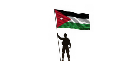 Silhouette of a soldier holding the flag of jordan, isolated on transparent background
