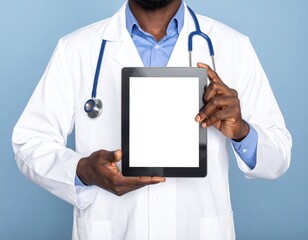 Doctor in white coat holding a tablet with a blank white screen, a stethoscope hangs around his neck. Blue backdrop, professional setting