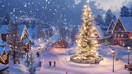 Snow falling on a christmas village at night with people strolling - Powered by Adobe