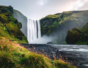 A majestic waterfall cascades down lush, green cliffs into a river flowing over a black, rocky riverbed under a cloudy sky