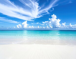 Bright tropical seascape white sand, turquoise water meets bright blue sky with scattered white clouds on a sunny day