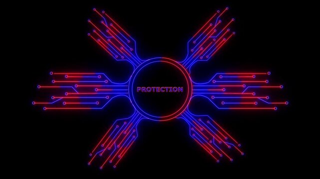 Glowing neon HUD-style circle with circuit board lines, and the center text says "PROTECTION" in a cyan with black background.