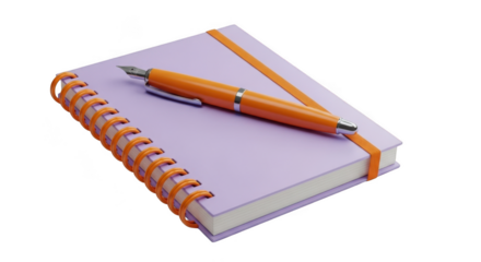 A bright orange pen rests on a light purple spiral bound notebook isolated on transparent background
