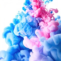 Ethereal swirls of blue and pink pigment suspended in water, creating an abstract dreamy composition against a clean white backdrop