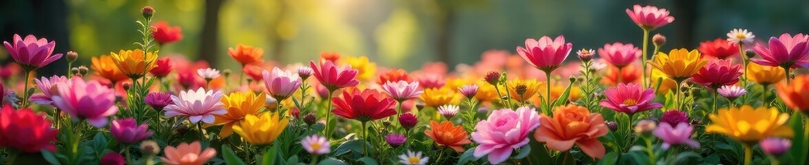 Vibrant flowers erupting from a lush, overflowing bed, creating a breathtaking floral spectacle Perfect for spring, nature, and garden themes , green, background, element