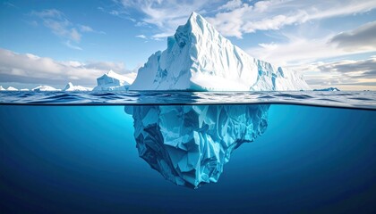 A massive iceberg floats, partially submerged, beneath a cloudy blue sky, with a stunning view both above and below the waterline