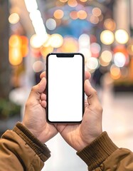 Hands holding a phone with a blank white screen against a blurred background of warm lights and street scene, warm jacket on arms