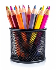 Colorful, vibrant pencils neatly arranged in a black metal mesh pencil holder, set against a bright white background