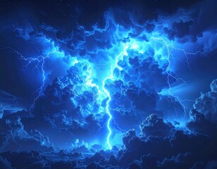 Dramatic storm image, featuring a vibrant blue lightning bolt streaking through a swirling mass of dark, textured clouds and subtle stars