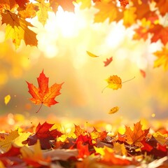 Vibrant, warm-toned autumn scene with maple leaves falling from trees, with a bokeh sunlight effect and leaf-covered ground