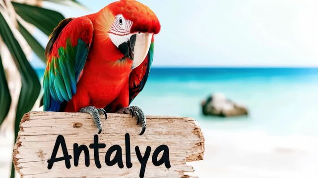 Tropical parrot on Antalya beach sign by sea