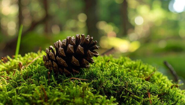 Close-up of a pine cone on mossy forest floor