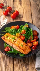 Pan-seared salmon fillet served with fresh spinach and ripe cherry tomatoes atop a black plate on rustic wooden surface