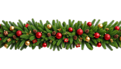Horizontal Christmas Garland with Ornaments and Gifts isolated on a transparent background