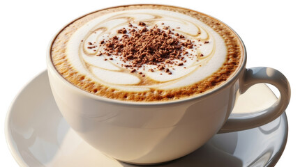 Fototapeta premium A delicious hot cappuccino coffee drink with whipped cream and chocolate sprinkles isolated on transparent background