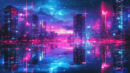 Fototapeta premium Futuristic city skyline at twilight, vibrant neon lights reflected in still water