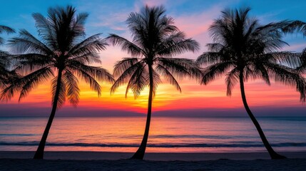 Silhouetted palm trees on a tropical beach at sunset. Vivid colors of orange, pink, and purple paint the sky over calm ocean water