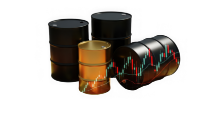 Several oil barrels, some black and some gold, with a stock market graph on one, isolated on transparent background