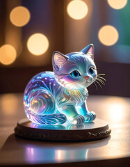 Colorful Glass Cat Figurine Illuminated by Sunlight in an Outdoor Setting