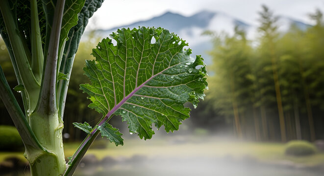 Close-up of a vibrant kale leaf with water droplets, set against a blurred background of a misty bamboo forest.