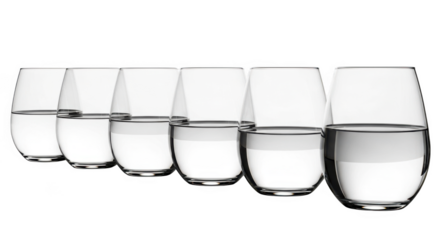 A row of clear modern stemless wine glasses filled with water isolated on transparent background