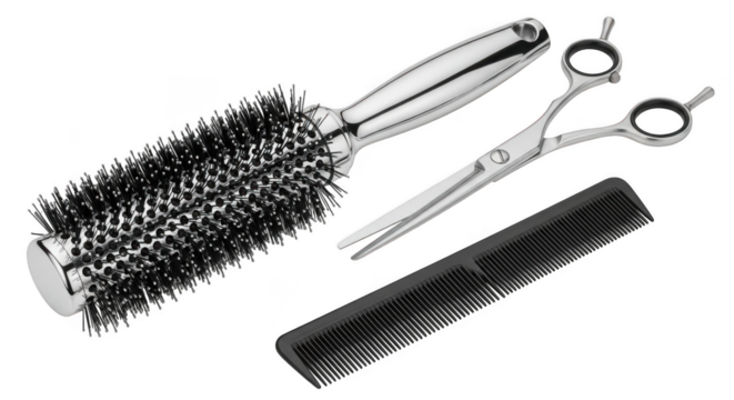 Professional hairdressing tools including scissors brush and comb isolated on transparent background - Powered by Adobe