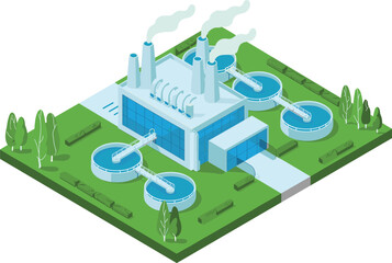 Isometric 3D illustration of modern water treatment plant, clean energy facility, wastewater purification, environmental technology, industrial infrastructure system