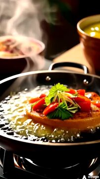 Fodd cooking In the pan with hot chili sauce