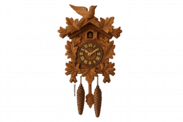 Wooden cuckoo clock with carved bird and leaves, pine cone weights, and roman numerals on transparent background