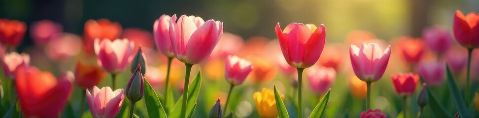 Fototapeta premium Whimsical close-up of blooming flowers emerging from a bed, vibrant colors, soft lighting, natural beauty, spring awakening , earth, soil, delicate