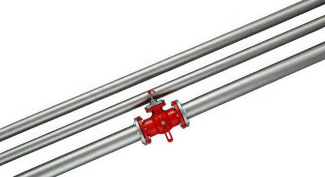 Industrial pipes with a red valve isolated on transparent background