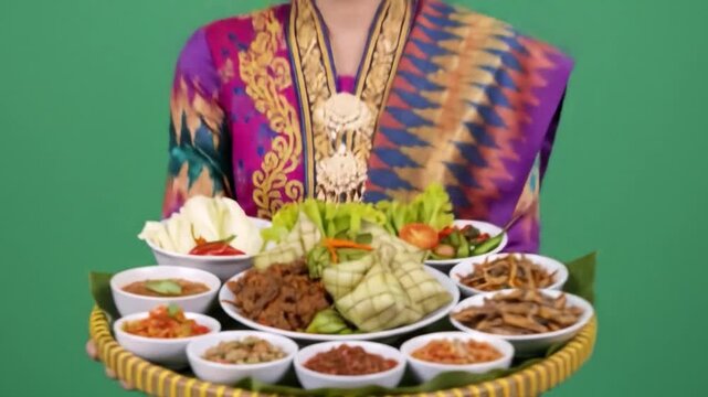 Woman presenting Indonesian food platter with rice cakes and various side dishes.