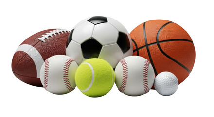 Collection of various sports balls including football basketball baseball tennis and golf isolated on transparent background