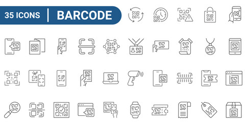 QR Code, barcode line editable icon set. Outline icons collection. Icons for mobile app, web. Editable stroke. Vector Illustration.