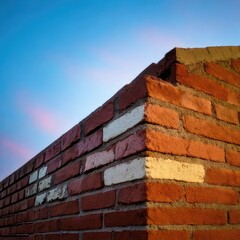 Brick wall corner against a vibrant sunset sky