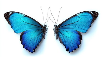 Blue Morpho Butterflies, One in Flight and One with Wings Spread, Isolated on White Background