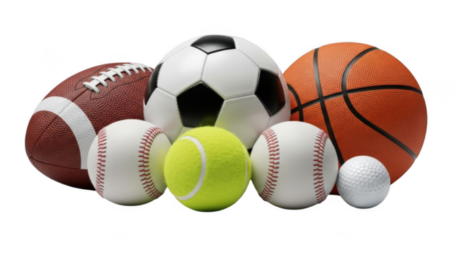 Collection of various sports balls including football basketball baseball tennis and golf isolated on transparent background