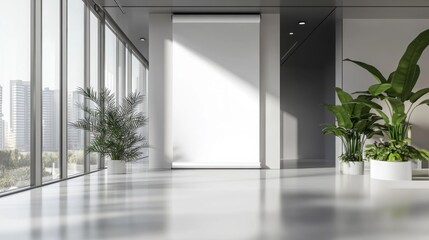 Obraz premium clean blank vertical roll up banner mockup, minimalistic 3d interior showroom