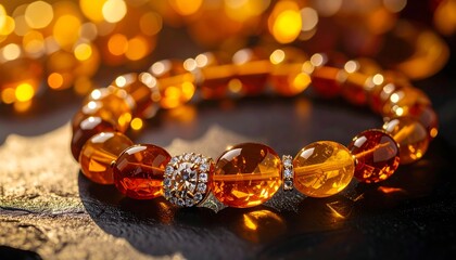 A close-up showcases a vibrant beaded bracelet on a dark surface, capturing the light and the details of each bead